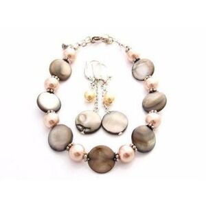 Green Mother of Pearl Shell, Peach Faux Pearl Silver Plated Bracelet Earring Set